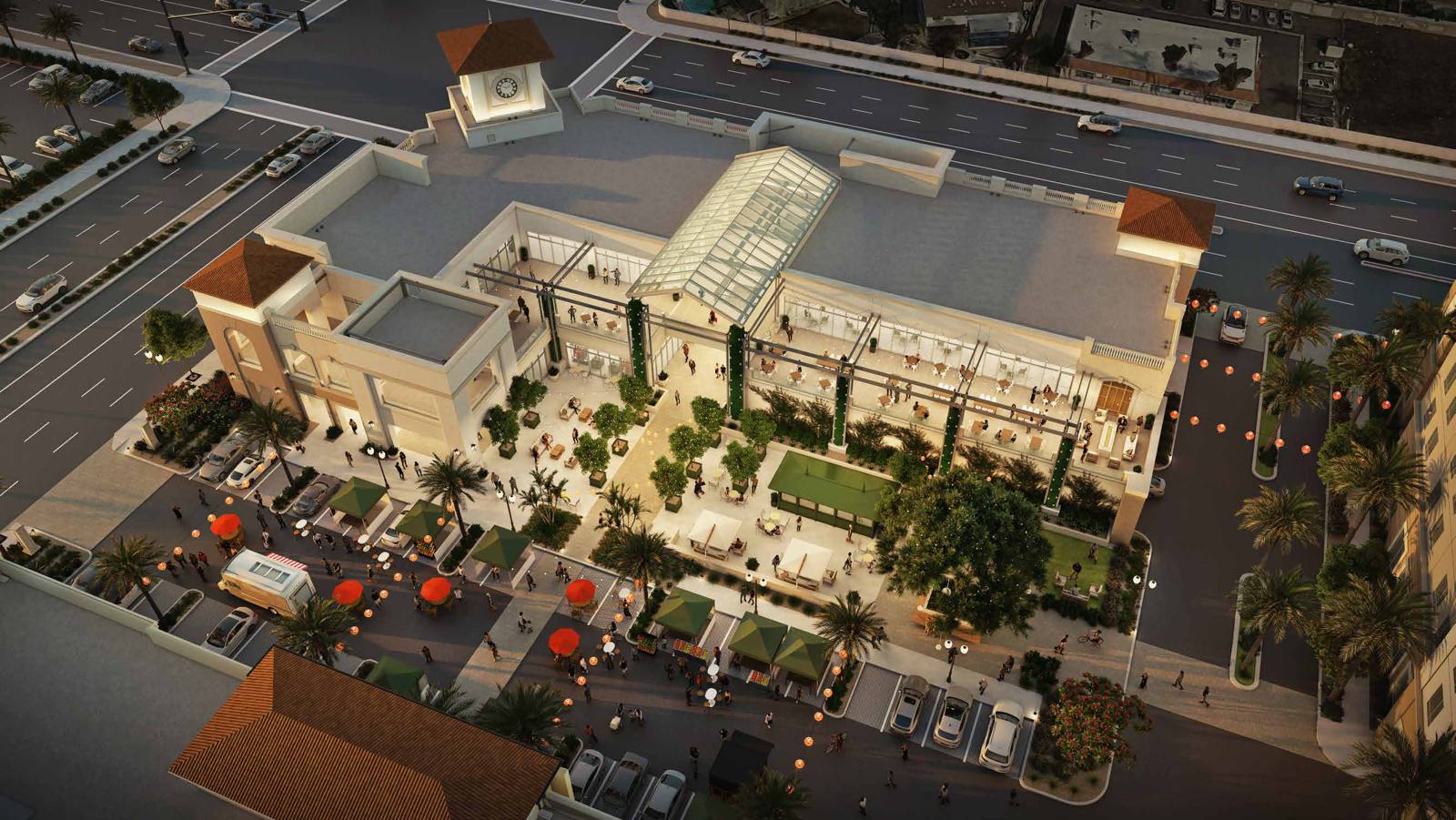 Aerial rendering of Bolsa Row Terrace and its courtyard