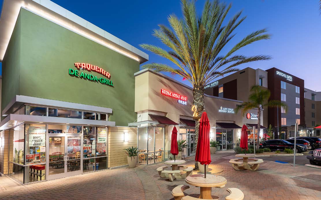 Storefronts and outdoor seating at Lake Forest Gateway